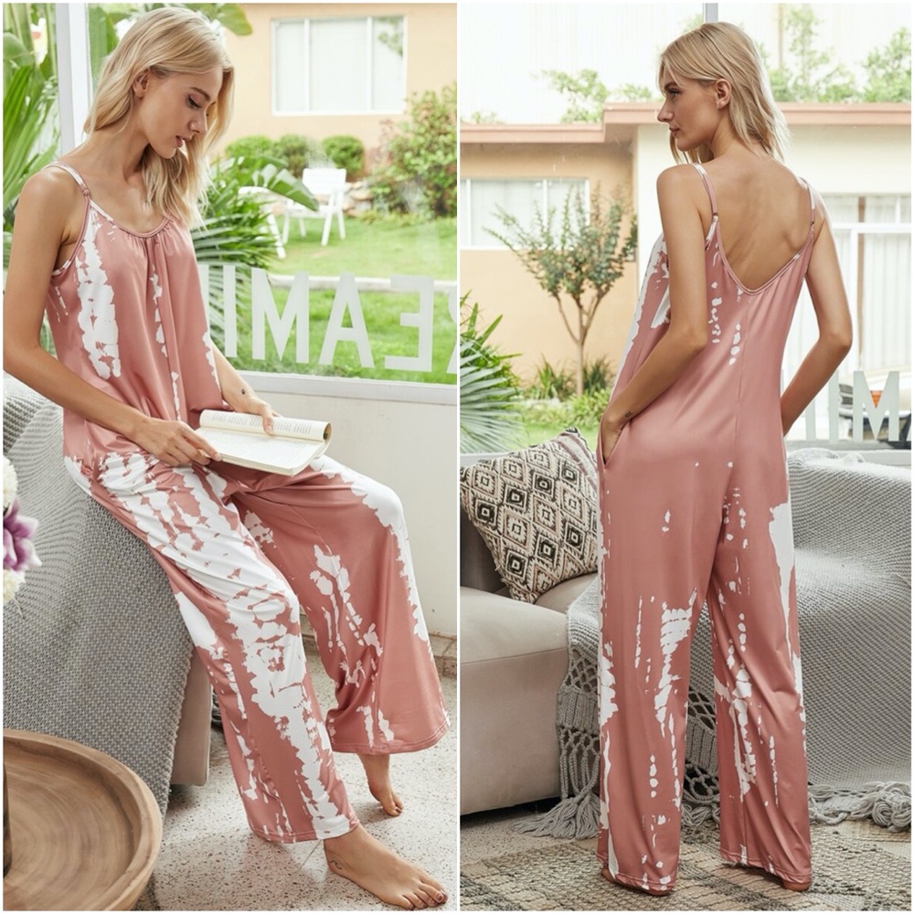 boho tie dye pocket wide leg jumpsuit charcoal - Picture 3 of 7